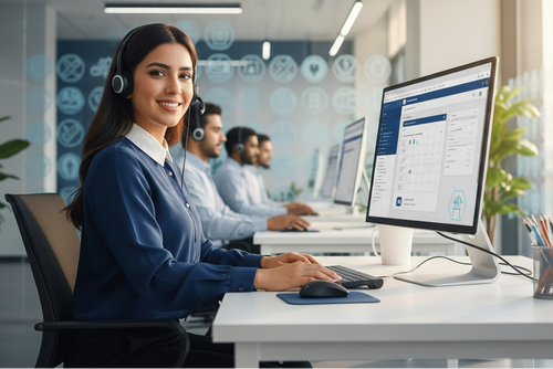 Person working at a computer in an office setting with Arabic text above.